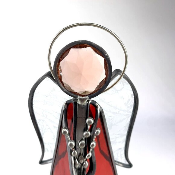 Angel Stained Glass Candle Holder 9" Red Clear Edge Glass Prism Head - Picture 2 of 7